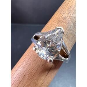Vintage CZ Pear Solitaire in Sterling Silver, Open Gallery Split Shank, Size 9